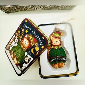 Vintage Cat Christmas Ornament with Tin Box